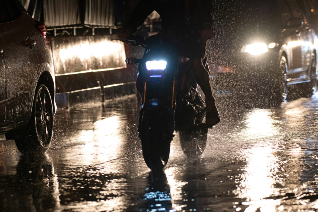 motorcycle being driven in hazardous conditions