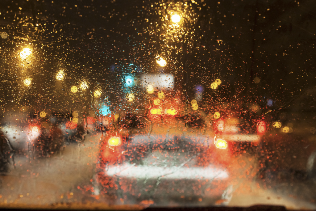 view through windshield during weather and dangerous driving conditions